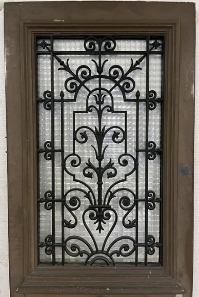 Oak front door with glass opening and wrought iron, 20th century-1