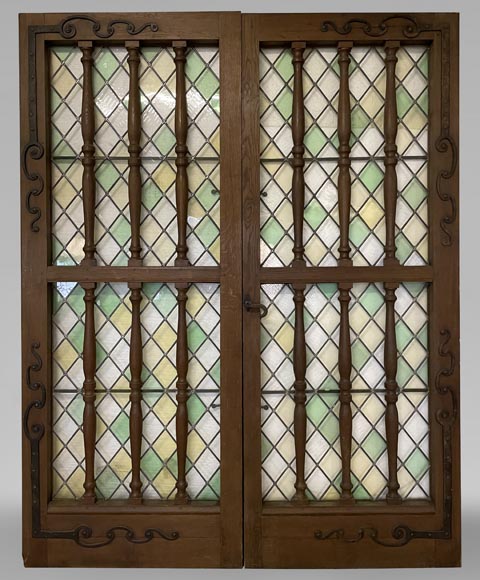 Double door in oak and stained glass, 20th century-0