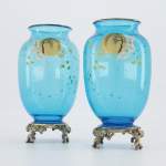 BACCARAT CRISTALLERIE and Eugène ROUSSEAU (model by), Pair of vases « Clair de Lune » in blue crystal and gilt bronze mount, circa 1875-1890