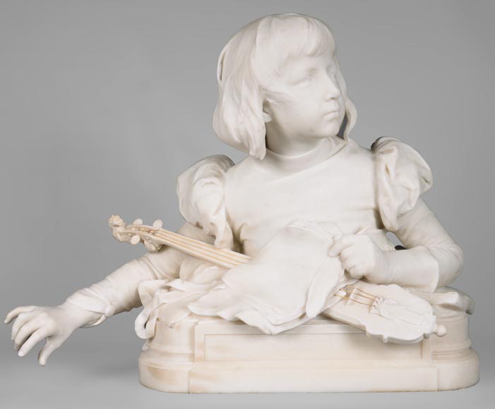 René ROZET « Young musician with a mandolin », statuary marble sculpture, late 19th century-0