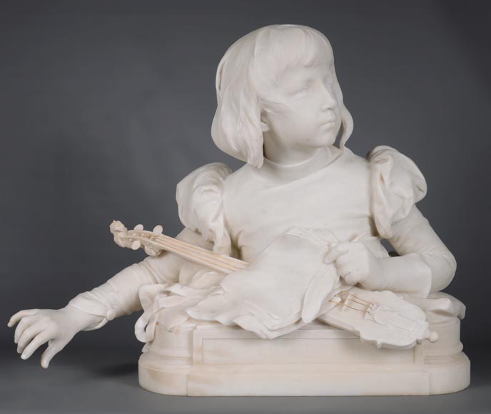 René ROZET « Young musician with a mandolin », statuary marble sculpture, late 19th century-2