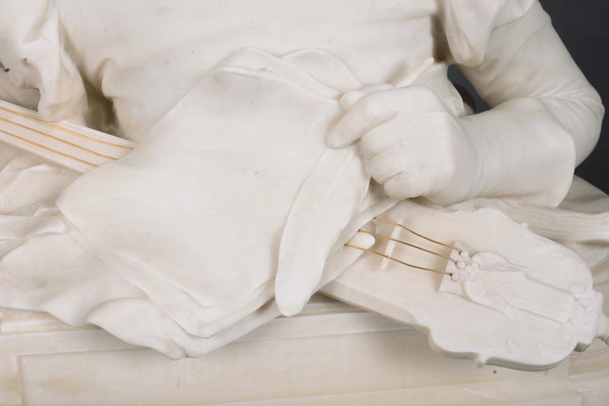 René ROZET « Young musician with a mandolin », statuary marble sculpture, late 19th century-7