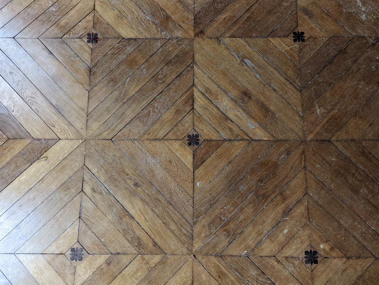 Oak parquet flooring with a diamond and flower decoration with edges, 19th century-6