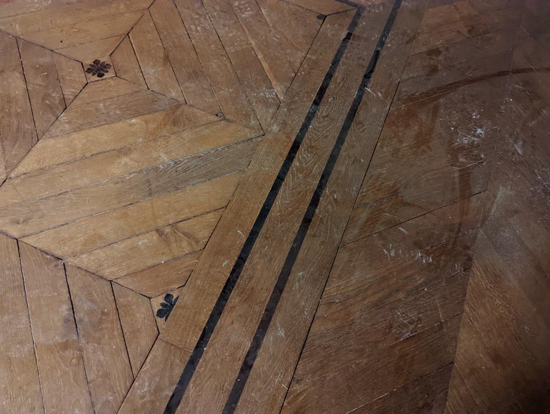 Oak parquet flooring with a diamond and flower decoration with edges, 19th century-7