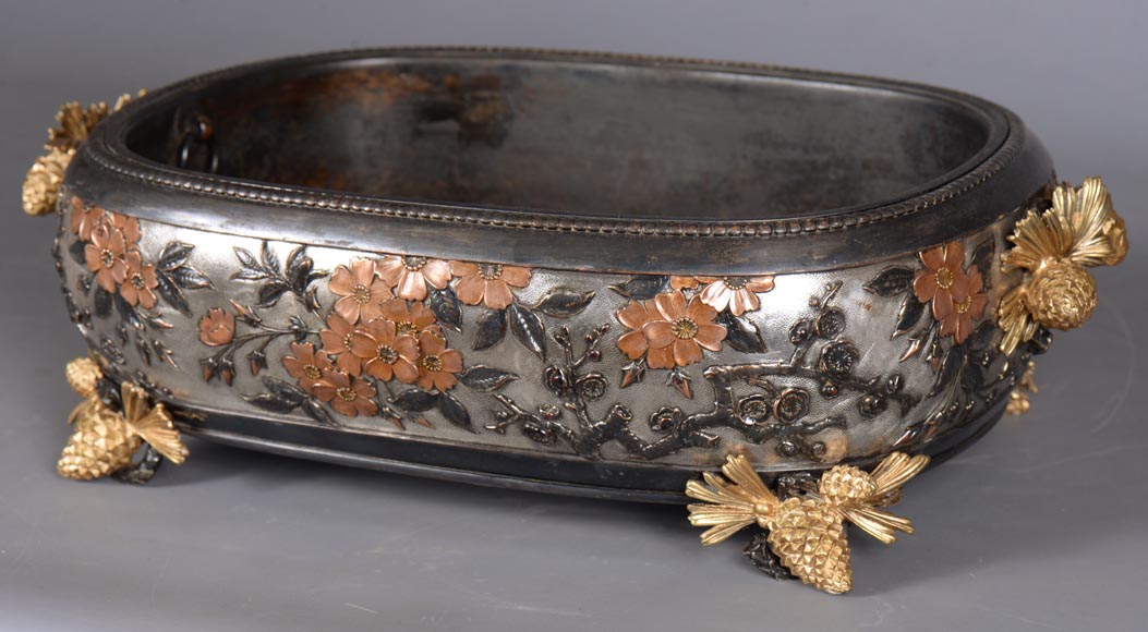 CHRISTOFLE - Exceptional planter in electroplated copper, partially copper colored, gilt, silvered and burnished on a silver background, circa 1878-6