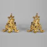 Small pair of Rococo firedogs in bronze polished varnished