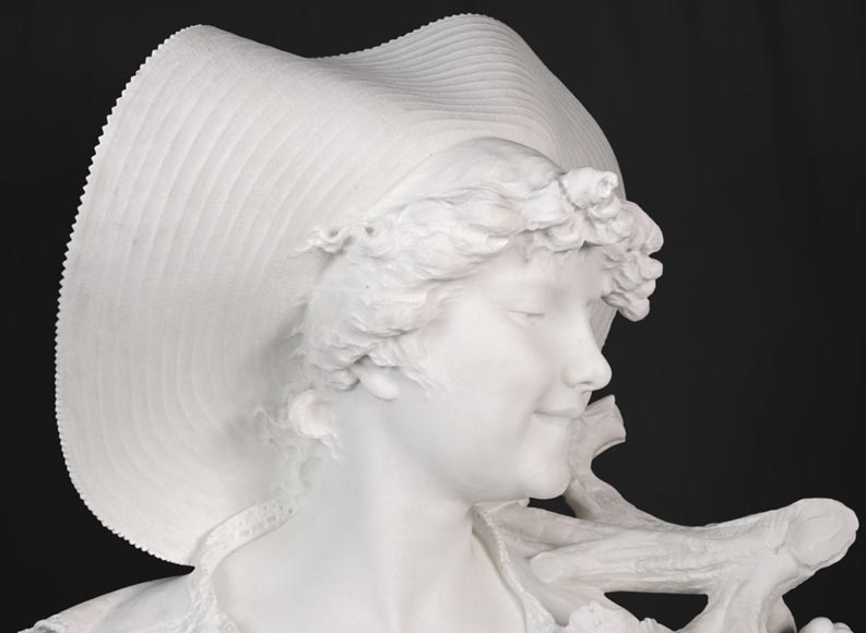F. SAUL - Jeune fille au chapeau dans les vignes, carved bust in Carrara marble-3