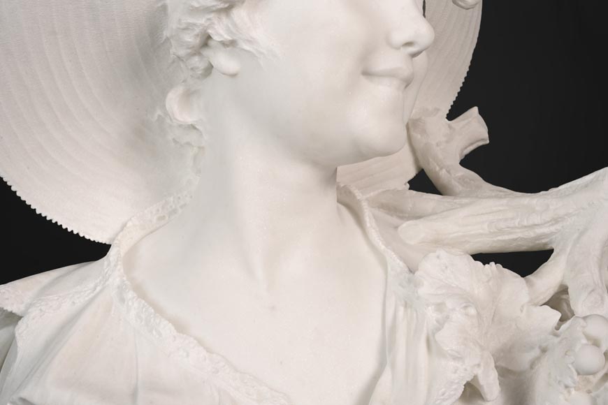 F. SAUL - Jeune fille au chapeau dans les vignes, carved bust in Carrara marble-6