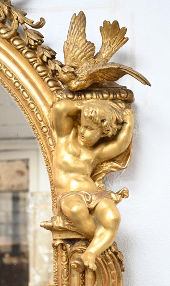 Large gilded trumeau with birds, putti and woman’s face on openwork decoration-8