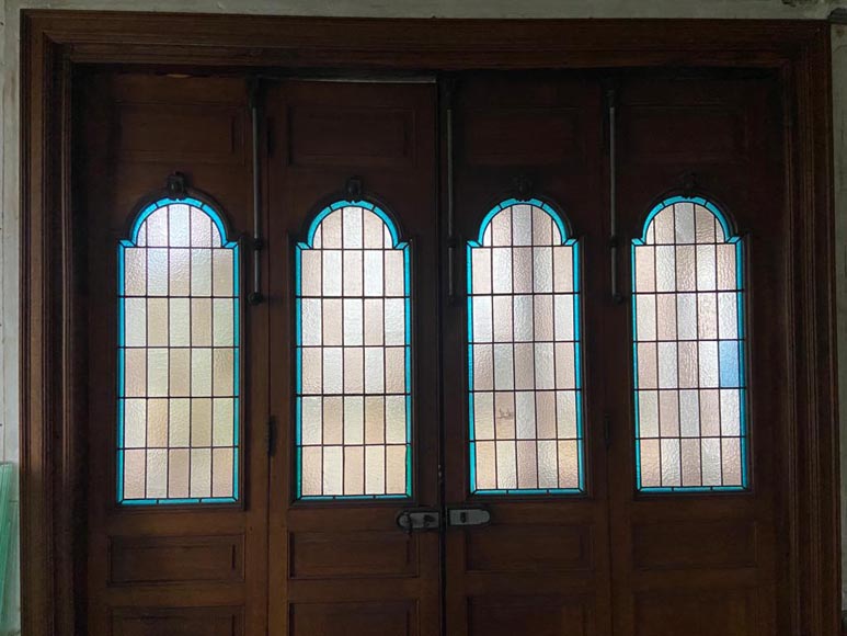 Quadruple oak door with stained glass windows-1