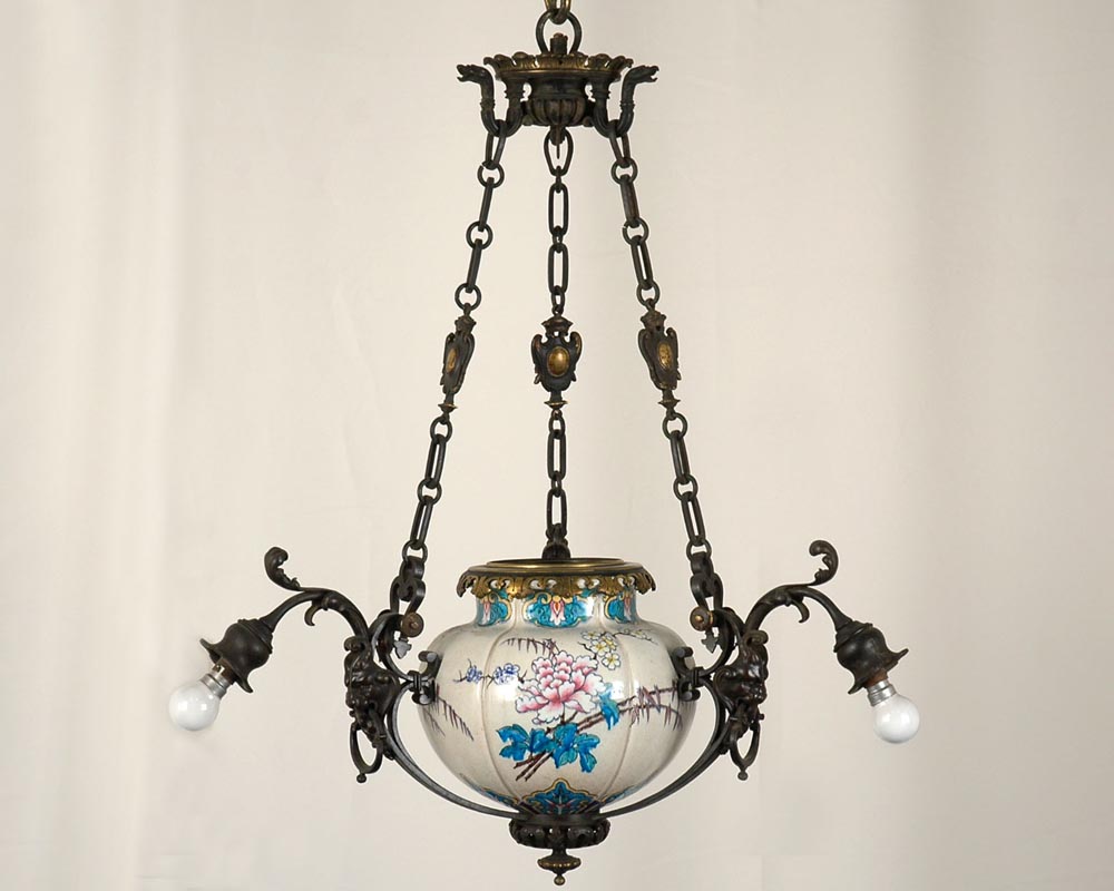 JULES VIEILLARD AND CO (Attributed to) : Chandelier with suspended earthenware center-0