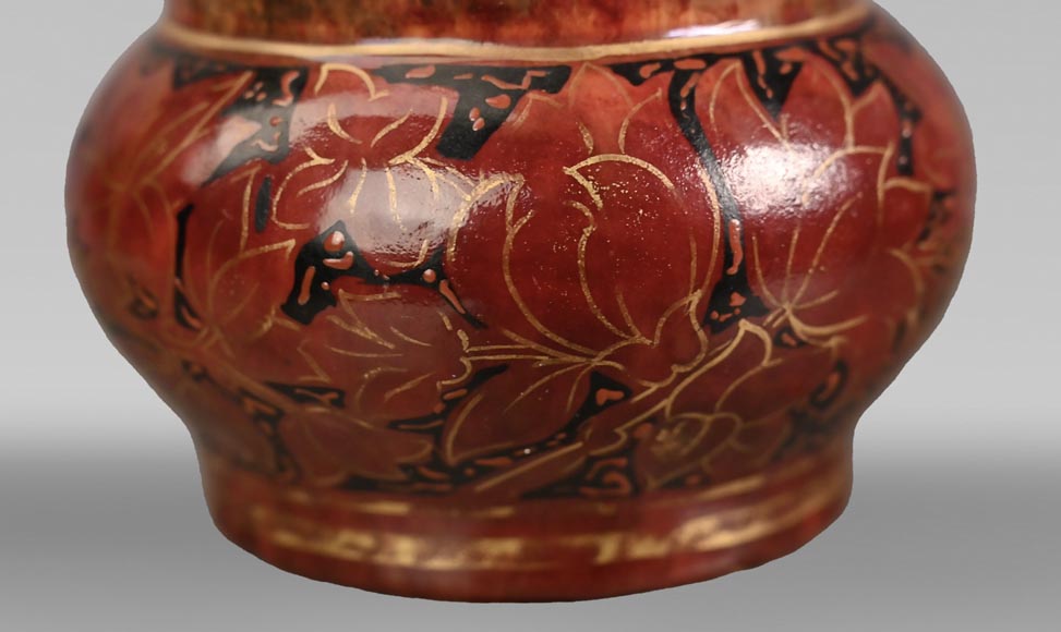 Flowers and golden spangles, an exceptional ceramic vase by Emile GALLÉ-7