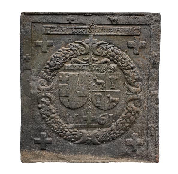 Fireback from 1561 with the alliance arms of Jacques de Tige and Blanche de Villelongue.-0