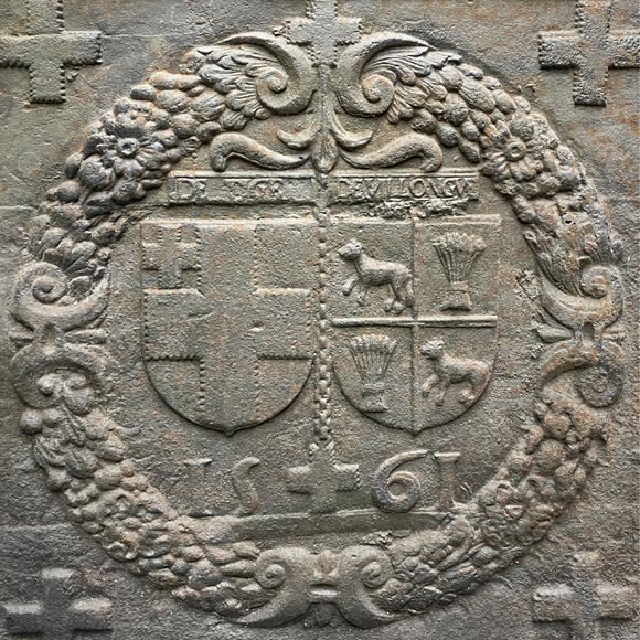 Fireback from 1561 with the alliance arms of Jacques de Tige and Blanche de Villelongue.-1