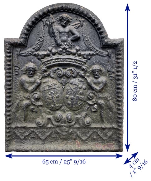 18th century fireback with two shields surrounded by three wild men-7