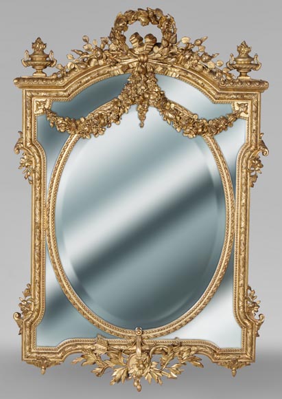 Louis XVI style gilt mirror with flower garlands and bevelled glass-0