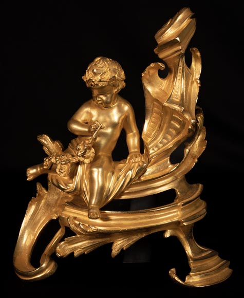 Pair of Louis XV style andirons with putti decoration-2