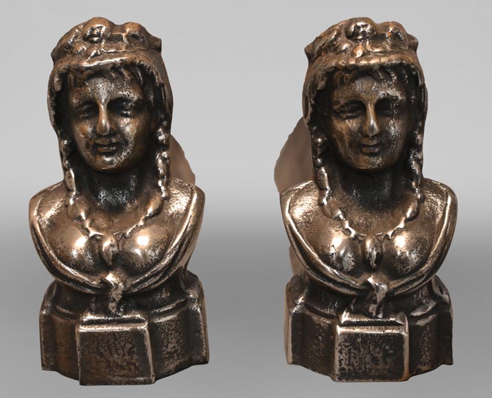 Pair of andirons with female busts-0