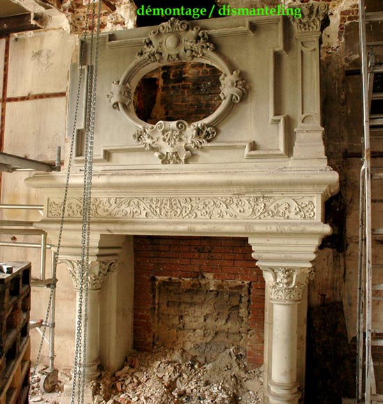 Monumental antique Neo-Renaissance style stone mantel coming from the Chateau of Montgeon