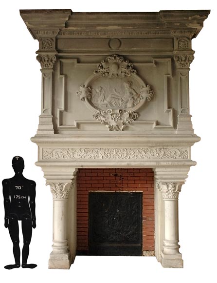 Monumental antique Neo-Renaissance style stone mantel coming from the Chateau of Montgeon-0