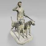 Hunter and his two dogs, bronze park statue with green patina