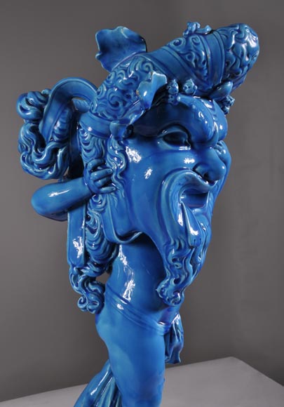 Joseph Chéret (1838 - 1894) for the Manufactory of Sèvres "Putto with greek masks" Coin tray made in faience with a blue glaze-5
