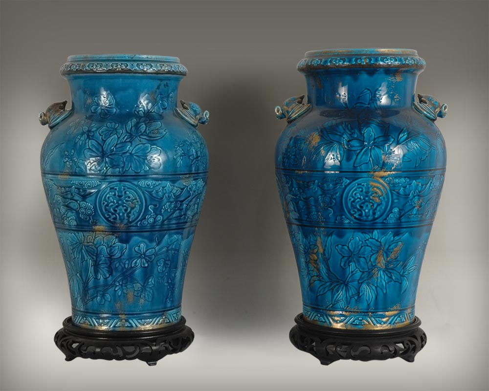 Longwy faience: pair of vases on a wood base-0