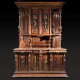 Large Neo-Troubadour buffet made out of carved walnut with bronze low-reliefs signed by Ferdinand Barbedienne