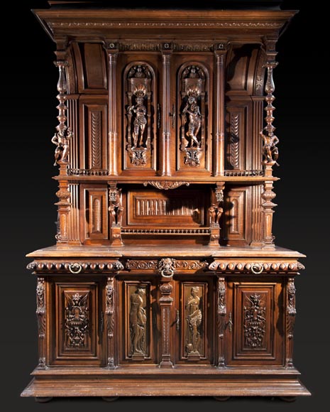 Large Neo-Troubadour buffet made out of carved walnut with bronze low-reliefs signed by Ferdinand Barbedienne-0