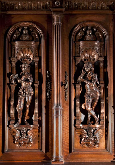 Large Neo-Troubadour buffet made out of carved walnut with bronze low-reliefs signed by Ferdinand Barbedienne-1