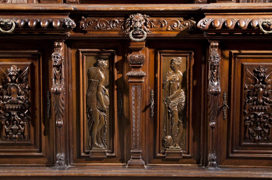 Large Neo-Troubadour buffet made out of carved walnut with bronze low-reliefs signed by Ferdinand Barbedienne-5