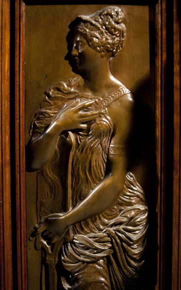 Large Neo-Troubadour buffet made out of carved walnut with bronze low-reliefs signed by Ferdinand Barbedienne-6