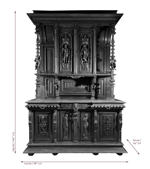 Large Neo-Troubadour buffet made out of carved walnut with bronze low-reliefs signed by Ferdinand Barbedienne-12