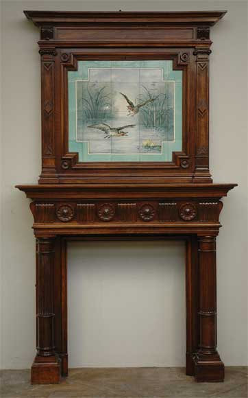 Antique walnut mantel with ceramic from the 19th century-0