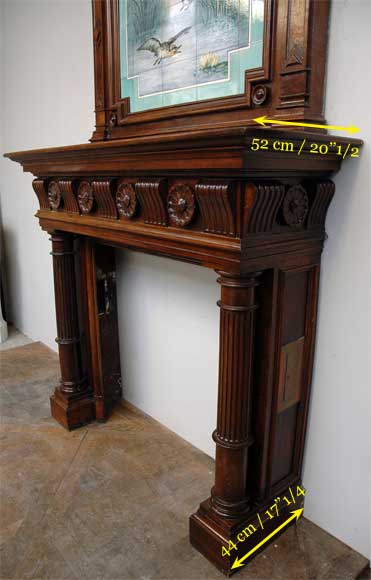 Antique walnut mantel with ceramic from the 19th century-5