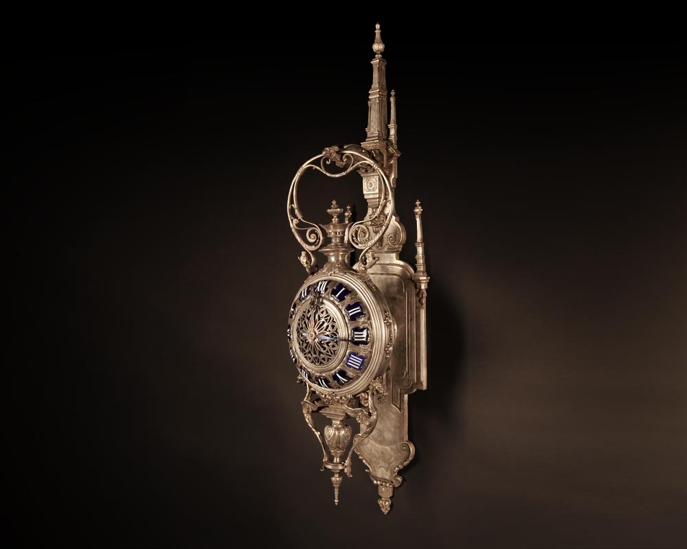 MARCHAND Léon and PIAT Frédéric-Eugène, Elegant silvered bronze and enamel cartel clock in the neo-Gothic style-0