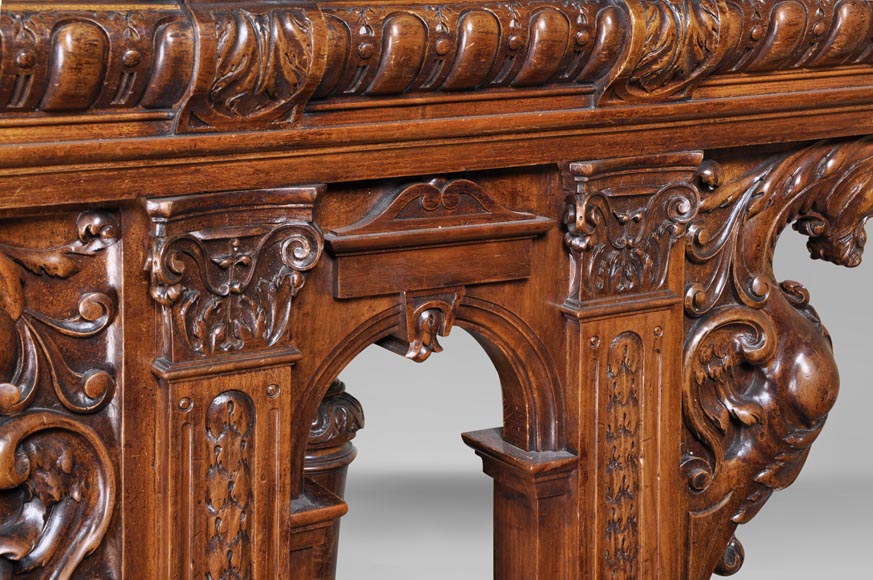 Antique Neo-Renaissance style dining room made out of carved walnut with grotesques and fantastics animals decor-10