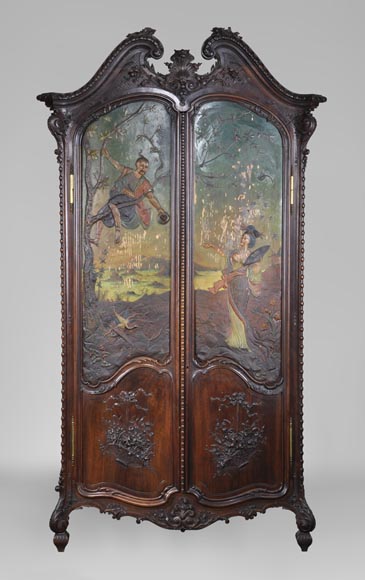 Antique Louis XV style carved walnut wardrobe with painted Japanese style decor-0