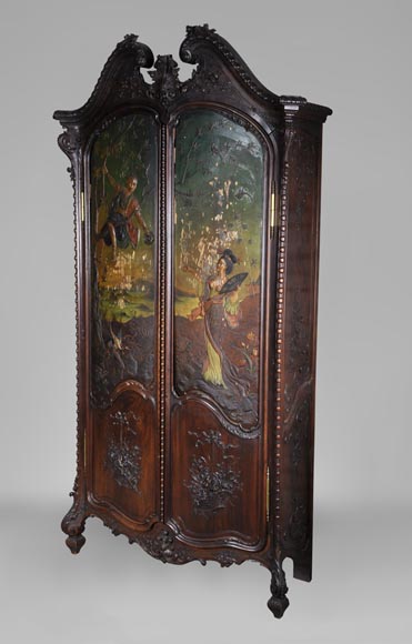 Antique Louis XV style carved walnut wardrobe with painted Japanese style decor-1