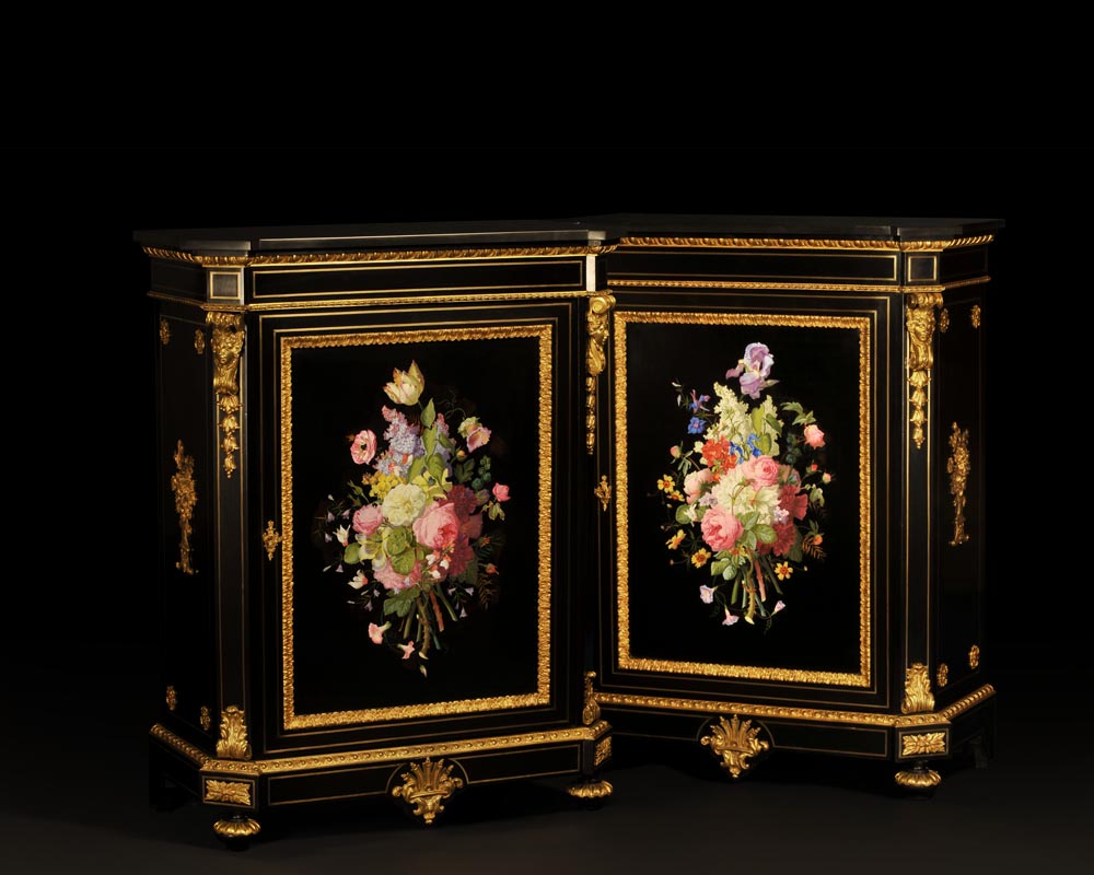 Julien-Nicolas RIVART (1802-1867) and Pierre-Joseph GUEROU - Pair of Side Cabinets decorated of bouquets in porcelain marquetry-0