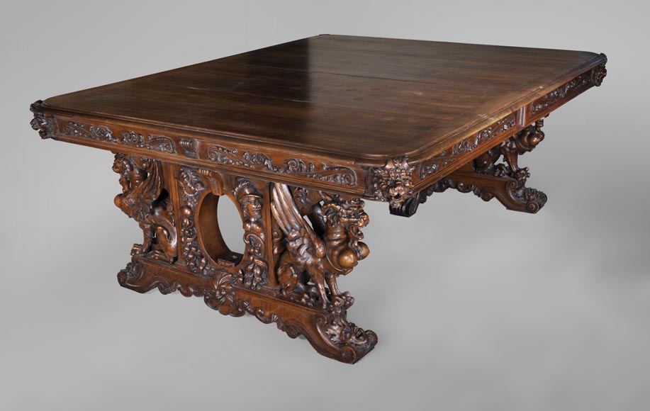 Beautiful antique Neo-Renaissance style walnut carved table with lions and mythical animals-0