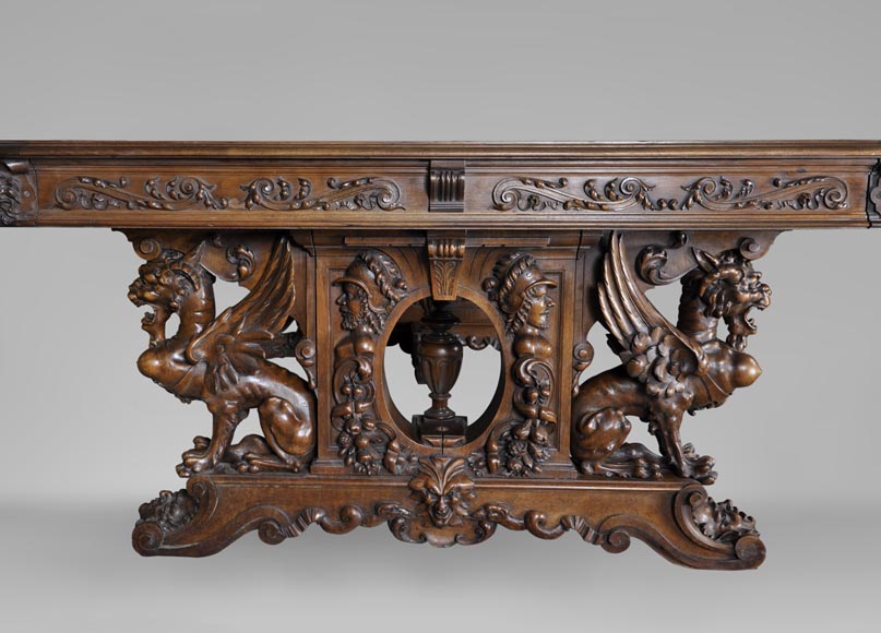 Beautiful antique Neo-Renaissance style walnut carved table with lions and mythical animals-1
