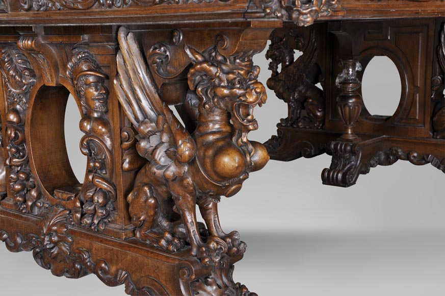 Beautiful antique Neo-Renaissance style walnut carved table with lions and mythical animals-2