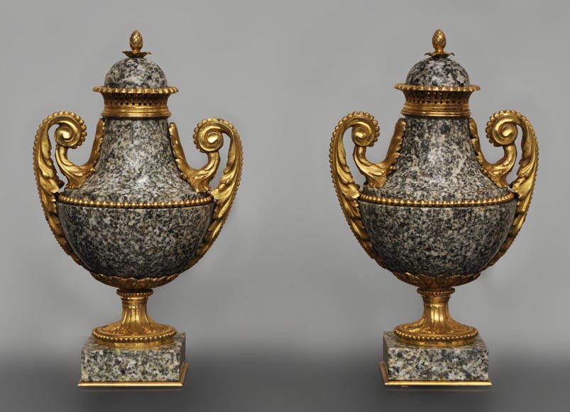Pair of granite and gilded bronze cassolettes after a model by Pierre Gouthière-0