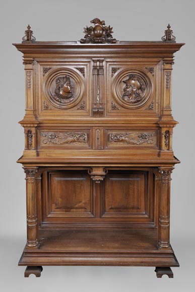 Neo-Renaissance style carved walnut credenza with profiles of costumed characters-0