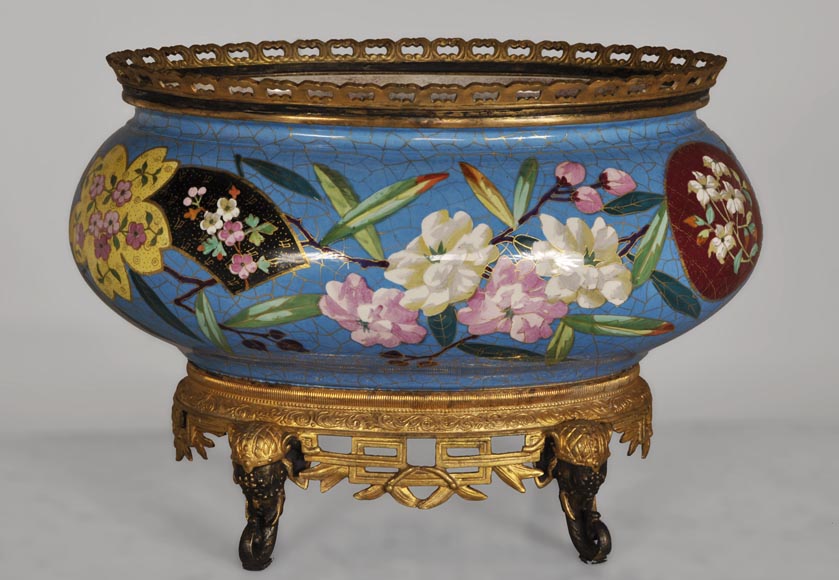 CREIL-MONTEREAU Manufacture - Beautiful antique planter with faux cloisonné flowers decor and base made out of gilded bronze and patinated bronze with elephant heads decor-0
