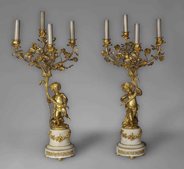 Beautiful antique pair of candelabras made out of Statuary Carrara marble and gilded bronze with putti and roses decor-0