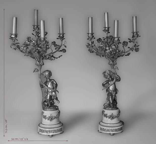 Beautiful antique pair of candelabras made out of Statuary Carrara marble and gilded bronze with putti and roses decor-12