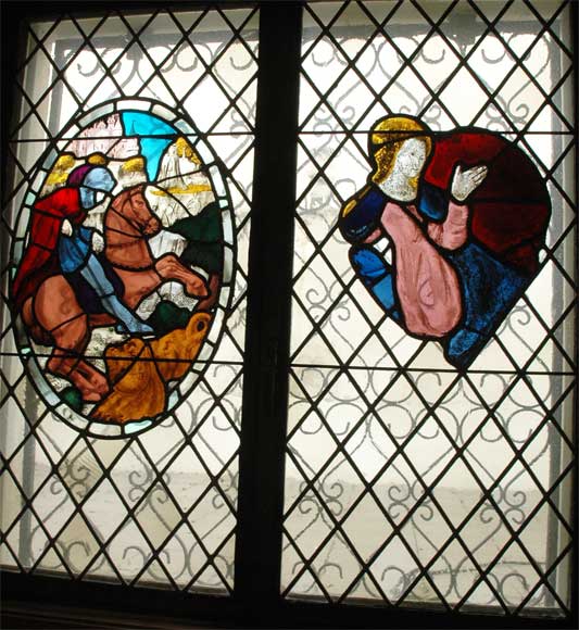Two stained glasses elements with knight in armor-0