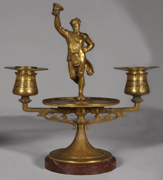 "The Bacchanal", pair of gilded bronze and Red Griotte marble candlesticks-1